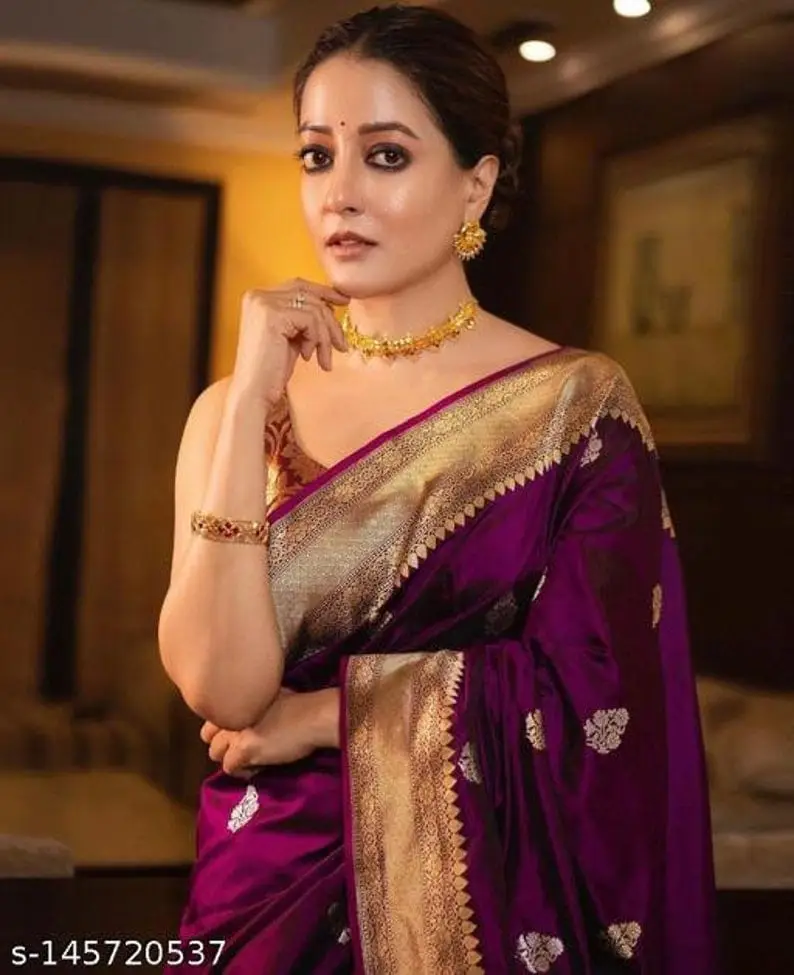 raima sen stunning looks in beautiful violet saree sleeveless blouse